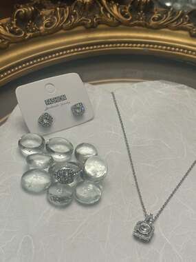 Silver Tone Square Halo Crystal Ring, Necklace, and Stud Earrings